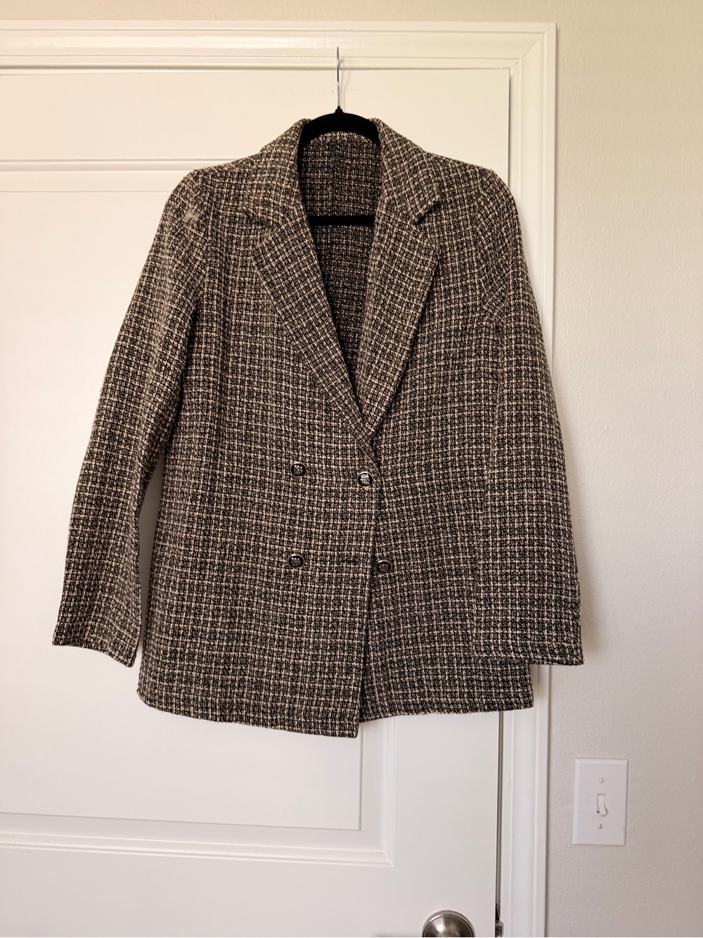 Womens Brown Tweed Double-Breasted Blazer Jacket